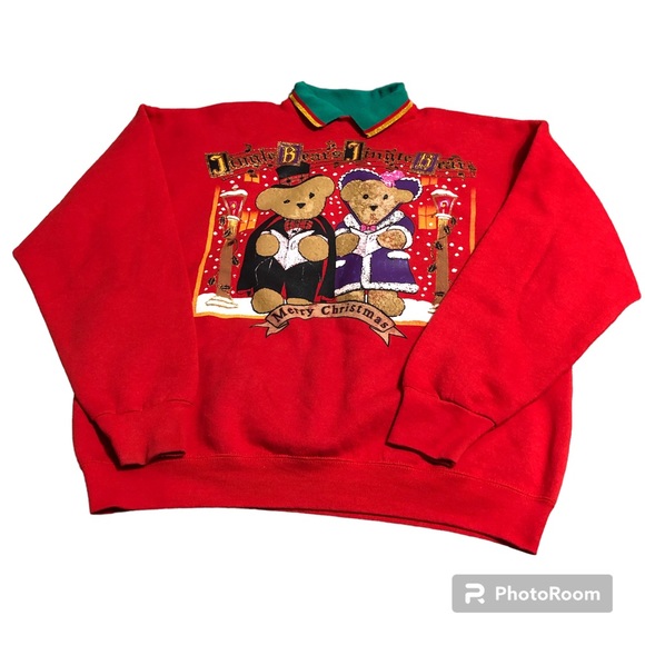 Vintage 90s Red Christmas Sweater Teddy Bears Jingle Bears Caroling XL - Picture 1 of 7